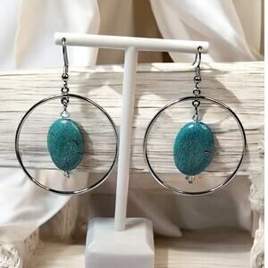 Turquoise Blue Stone Drop Dangle Earrings Silver Tone Boho Southwest